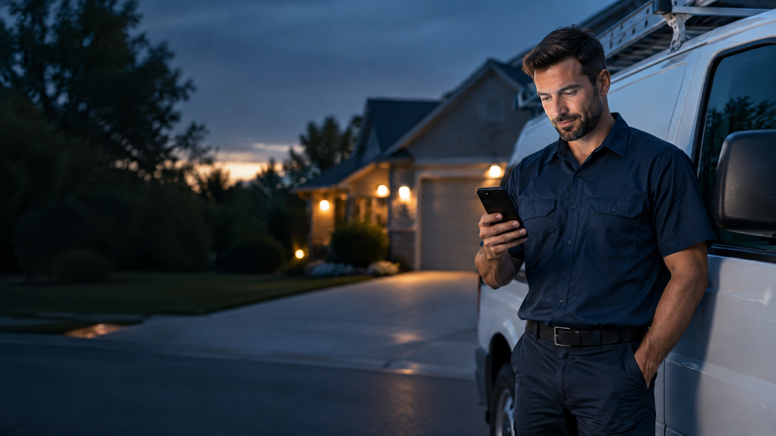Home service business owner checking a customer call beside a service van